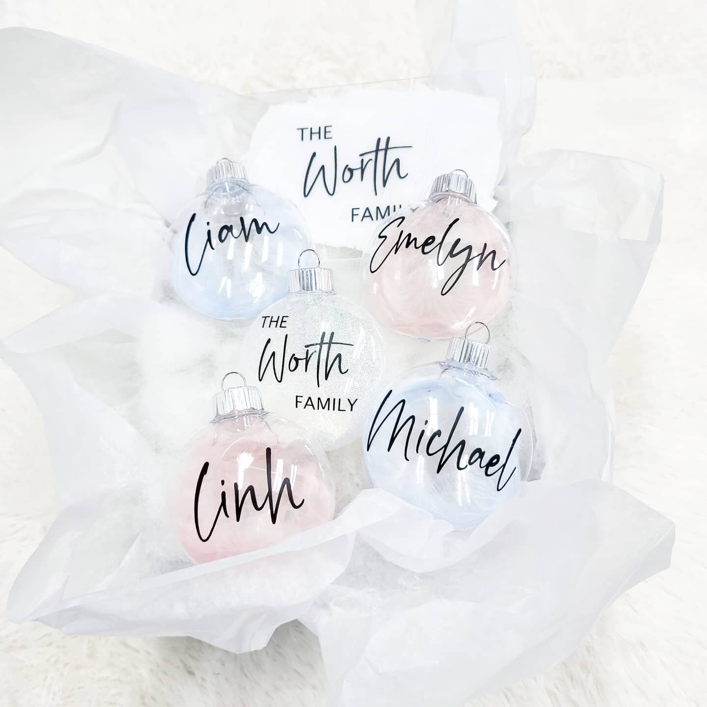 How dreamy do these ornaments look? Personalized family ornaments filled with feathers 💫👨&zwj;👩&zwj;👧&zwj;👦 
@tfti.alavishaffair
-
💌 DM to order
&bull;
&bull;
&bull;
&bull;
&bull;
#TOdesign #style #calligraphy #moderncalligraphy #modernletterin